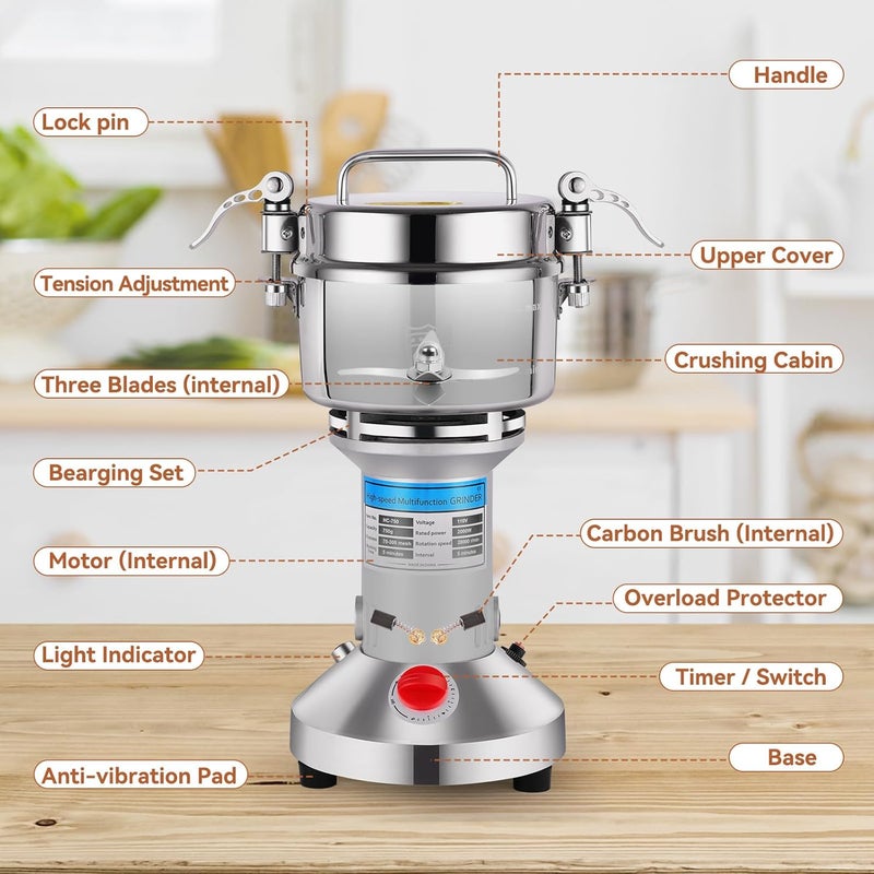 YaoFaFa Grain Mill Grinder - High-Speed 750g 304 Stainless Steel Professional Grain Mill & Spice Grinder for Kitchen and Coffee Shop - Grinds Grains, Corn, Coffee, and Dry Spices with Easy Operation - Image 3